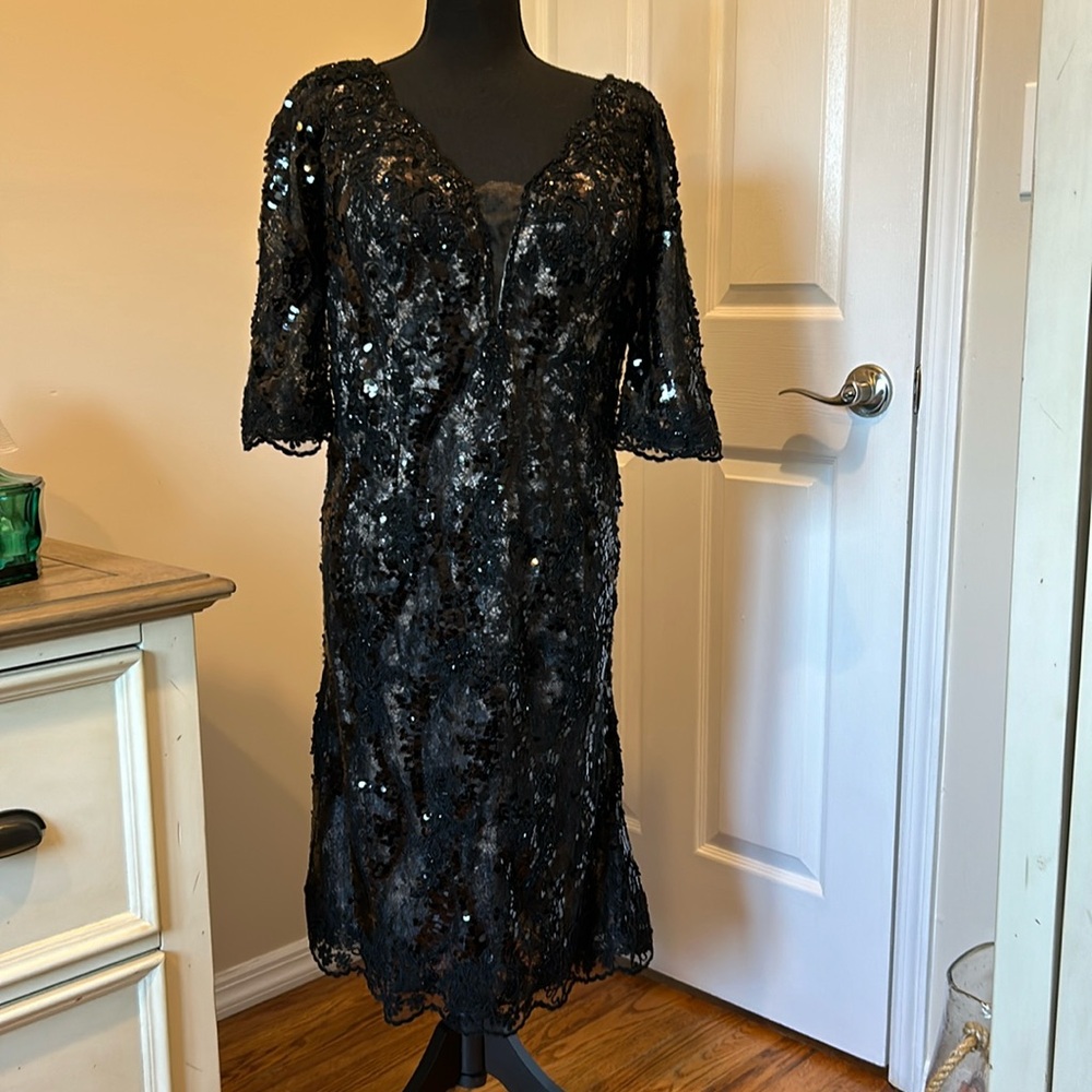 Black Dress Rina di Montella Black Sequin Beaded Cocktail Dress Formal Evening
